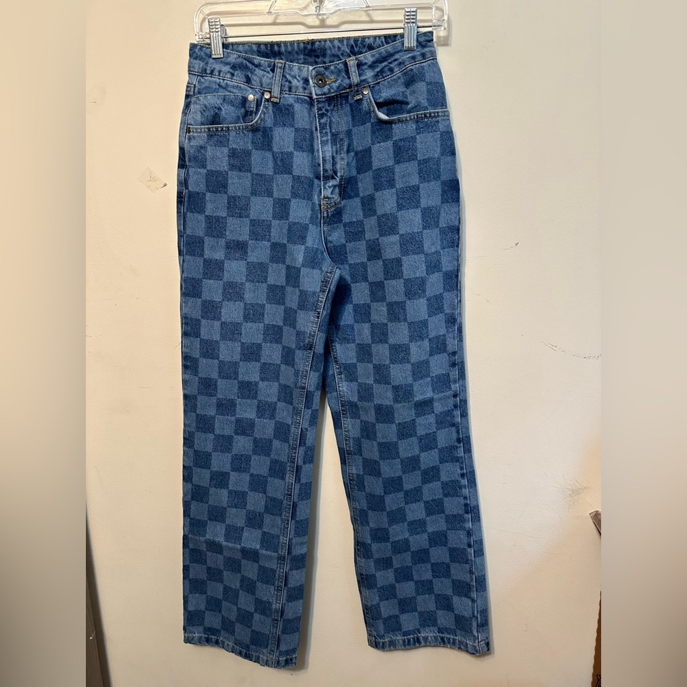 Ragged Priest Checker Blue Jeans Denim Womens 26 High Waist Mom Y2K 90's